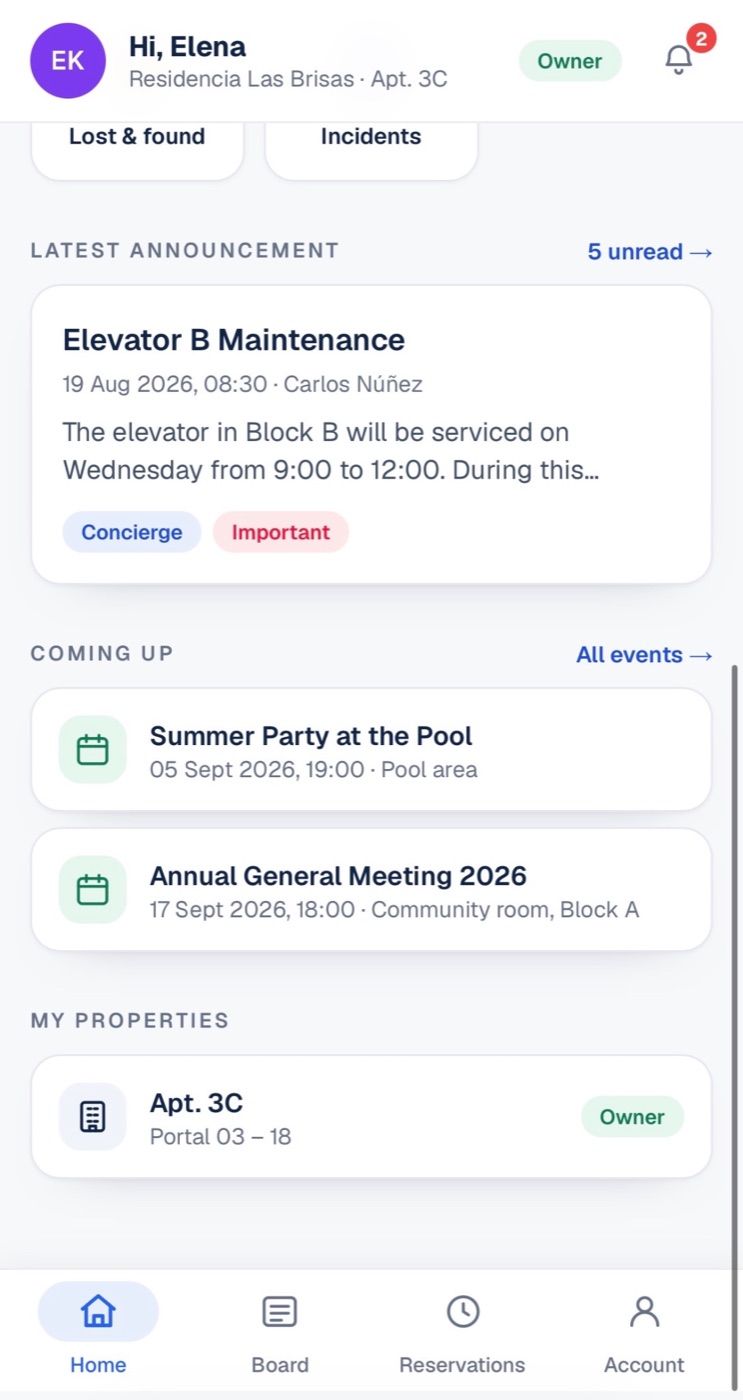 Home: announcements, upcoming events and your properties